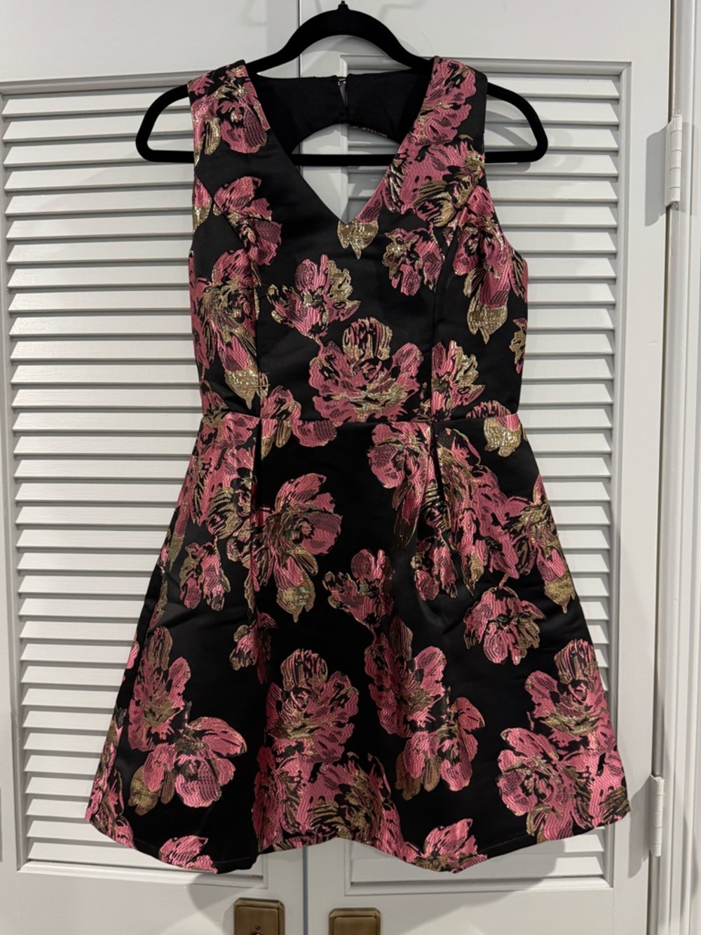 Black Floral Mini Dress with Pink and Gold Jacquard